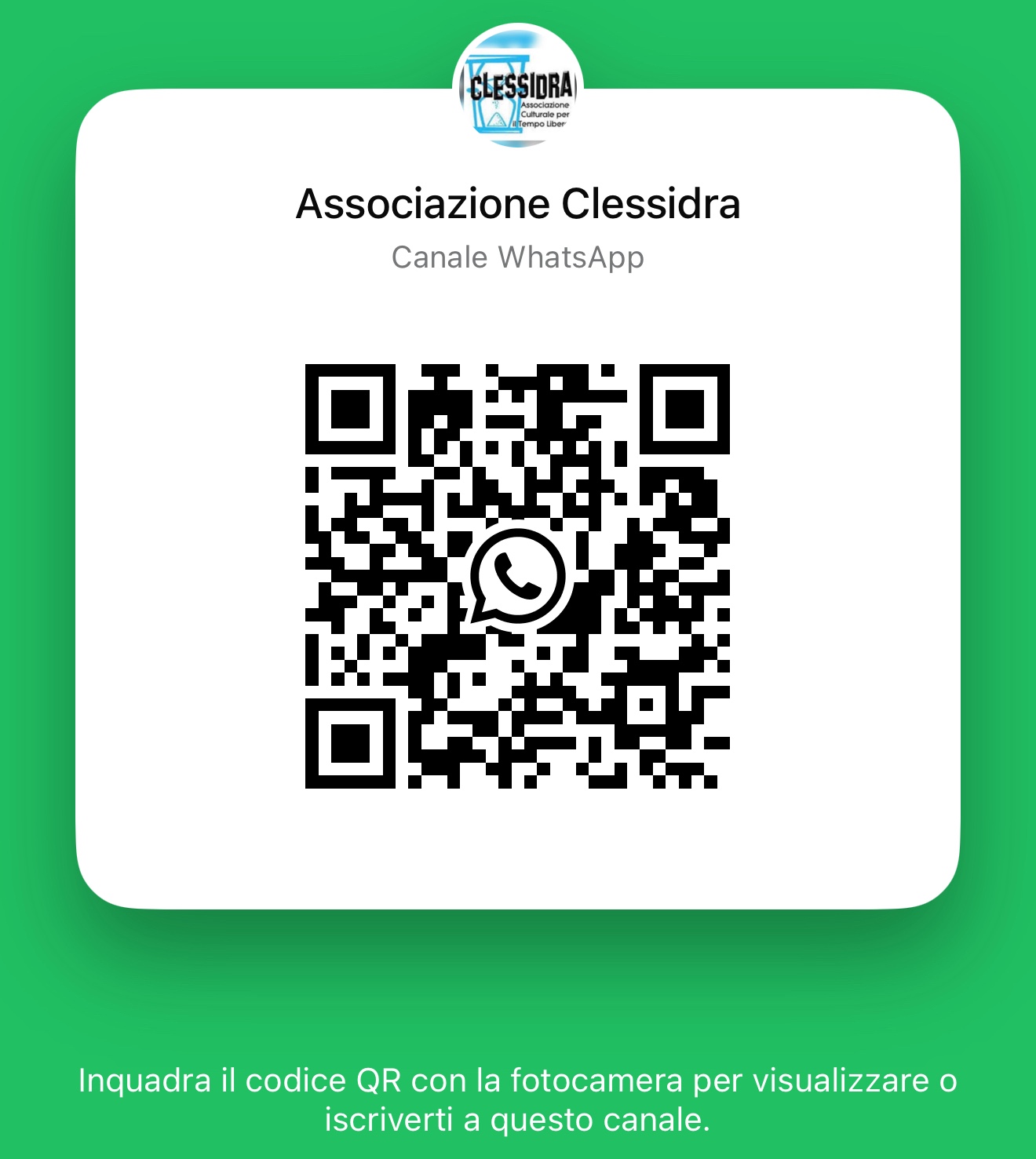 Codice QR per iscriversi al canale WhatsApp dell’Associazione Clessidra